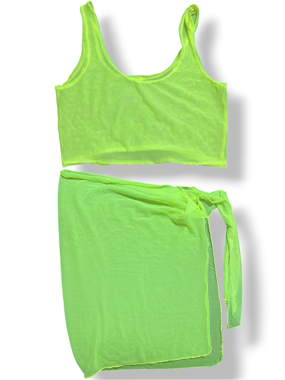 Neon Lime Mesh Two-Piece Crop Top and Wrap Skirt Set